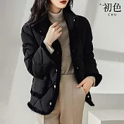 【初色】小香風保暖毛邊立領翻領菱形格口袋短款鋪棉外套夾克女外套女上衣-共2色-31976(M-2XL可選) XL 黑色