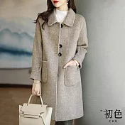 【初色】韓系翻領長袖口袋中長款毛呢大衣外套女外套-共2色-64812(M-2XL可選) XL 咖啡色