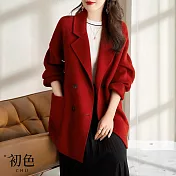 【初色】翻領素色大口袋雙排釦寬鬆長袖中長款西裝毛呢大衣外套-共3色-31996(M-2XL可選) L 紅色