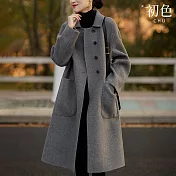 【初色】寬鬆顯瘦單排釦口袋翻領長袖毛呢大衣外套女外套-共2色-32027(M-2XL可選) XL 灰色