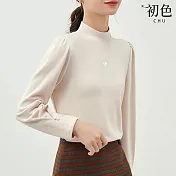 【初色】半高領純色保暖泡泡袖長袖T恤上衣女上衣-共2色-32035(M-2XL可選) L 灰杏色