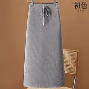 【初色】抽繩松緊腰素色針織半身裙中長裙-共4色-31915(F可選) F 灰色