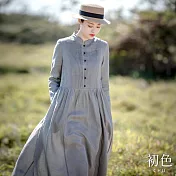 【初色】立領棉麻風收腰風琴摺長袖中長裙連身洋裝長洋裝-灰色-32045(M-2XL可選) M 灰色