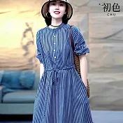 【初色】寬鬆顯瘦圓領長袖收腰襯衫裙中長裙連身洋裝長洋裝-藍條紋-32046(M-2XL可選) XL 藍條紋