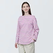 【MUJI 無印良品】女有機棉粗織船領長袖T恤 S 粉紅橫紋