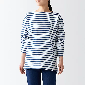 【MUJI 無印良品】女有機棉粗織船領長袖T恤 S 藍橫紋