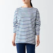 【MUJI 無印良品】女有機棉粗織船領長袖T恤 L 藍橫紋