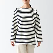 【MUJI 無印良品】女有機棉粗織船領長袖T恤 S 深藍橫紋