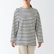 【MUJI 無印良品】女有機棉粗織船領長袖T恤 L 深藍橫紋