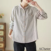 【ACheter】 復古棉麻感長袖襯衫條紋原創文藝短版上衣# 120645 L 白色