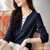 【MsMore】 領口拼接領口條紋時尚休閒長袖短版上衣# 120687 2XL 藏青色