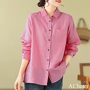 【ACheter】 棉麻感寬鬆休閒文藝長袖襯衫中長版上衣# 120700 L 紅色