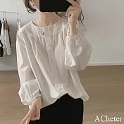 【ACheter】 泡泡袖襯衫寬鬆大碼圓領設計感九分袖棉質短版上衣# 120703 L 白色