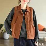 【ACheter】 文藝復古高支水洗棉無袖馬甲單排扣開衫背心外套# 120707 M 橘紅色