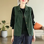 【ACheter】 文藝復古高支水洗棉無袖馬甲單排扣開衫背心外套# 120707 M 綠色