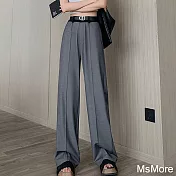 【MsMore】 西裝褲高腰寬鬆慵懶闊腿直筒休閒拖地長褲# 120725 XL 灰色