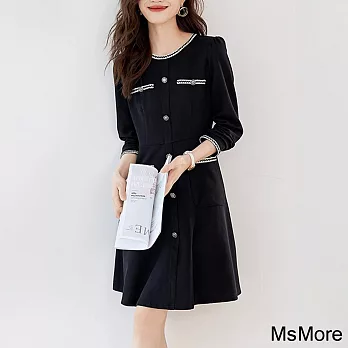 【MsMore】 小香風拼接圓領長袖氣質收腰顯瘦連身裙中長版洋裝# 120767 M 黑色
