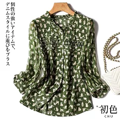 【初色】荷葉領貓咪印花單排扣長袖襯衫上衣─綠色─68300(M─2XL可選) M 綠色