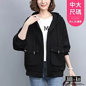 【Jilli~ko】口袋壓紋衛衣女寬鬆拉鍊短款連帽外套中大尺碼 J11183  FREE 黑色