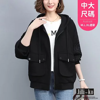 【Jilli~ko】口袋壓紋衛衣女寬鬆拉鍊短款連帽外套中大尺碼 J11183  FREE 黑色