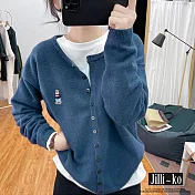 【Jilli~ko】刺繡小熊針織開衫女圓領長袖毛衣軟糯外套 J11225  FREE 深藍色