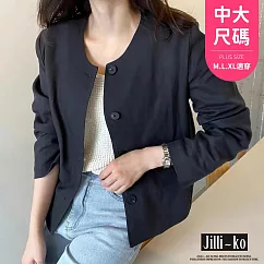 【Jilli~ko】韓國風Chic棉麻圓領開扣夾克外套 70032 FREE 深藍色