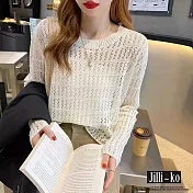 【Jilli~ko】韓國CHIC鏤空圓領寬鬆針織衫 J11628  FREE 白色