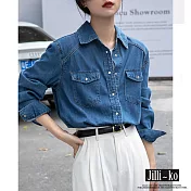 【Jilli~ko】時尚復古百搭疊穿正肩牛仔襯衫 J11625 FREE 藍色