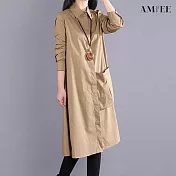 【AMIEE】滑料大口袋襯衫洋裝(2色/M-2XL/KDDY-9968) L 卡其
