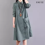 【AMIEE】滑料大口袋襯衫洋裝(2色/M-2XL/KDDY-9968) L 綠色