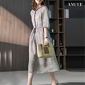 【AMIEE】氣質優雅撞色碎花綁帶洋裝(2色/M-2XL/KDDY-9960) M 紫色