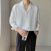 【AMIEE】輕熟風古巴領質感滑面長袖襯衫(男裝/KDTY-C42) L 白色