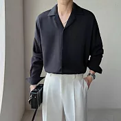 【AMIEE】輕熟風古巴領質感滑面長袖襯衫(男裝/KDTY-C42) L 黑色