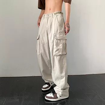 【AMIEE】日系復古多口袋寬鬆工裝褲(男裝/KDPY-D27) M 杏色