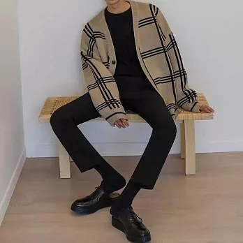 【AMIEE】韓系歐爸格子配色針織毛衣外套(男裝/KDCY-B37) M 卡其
