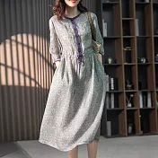 【ACheter】 韓版寬鬆長款五分袖印花刺繡收腰顯瘦碎花連身裙洋裝# 120776 2XL 紫色