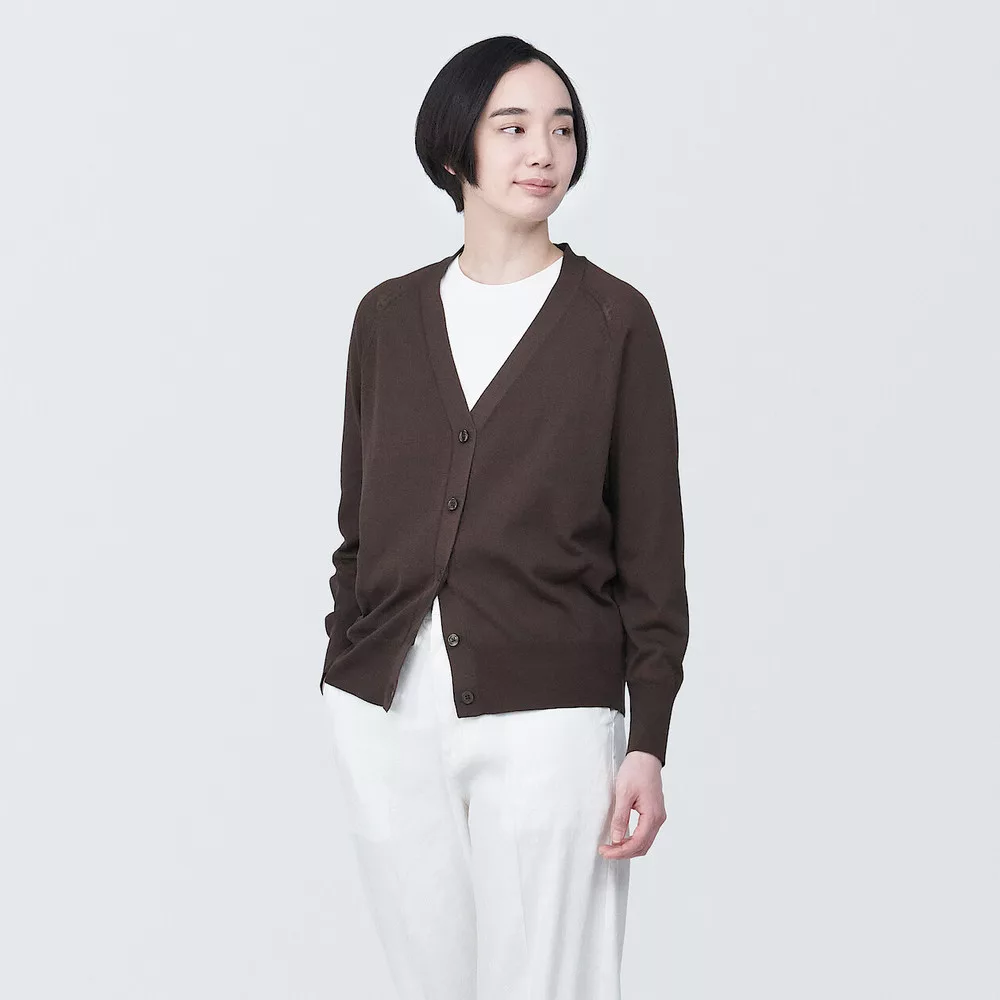【MUJI 無印良品】女型態安定寬版開襟衫 L 棕色
