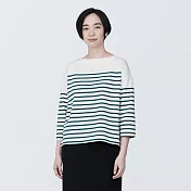 【MUJI 無印良品】女有機棉橫紋船領七分袖T恤 S 綠橫紋