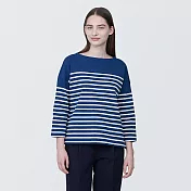 【MUJI 無印良品】女有機棉橫紋船領七分袖T恤 S 藍紋樣