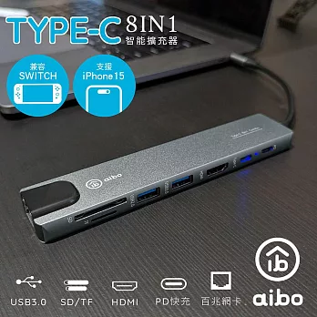 aibo TX8 Type-C 鋁合金八合一多功能影音 智能擴充器