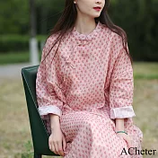 【ACheter】 原創設計棉麻感印花改良旗袍中式民族風連身裙袍長袖洋裝# 120839 2XL 粉紅色