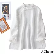 【ACheter】 復古盤扣水洗亞麻感長袖中式禪意優雅中長版上衣# 120840 L 白色