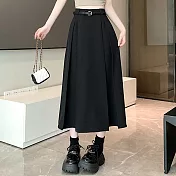 【MsMore】 高腰顯瘦遮胯中長款垂感百褶A字西裝半身長傘裙# 120843 L 黑色
