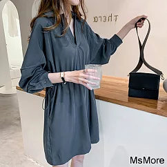 【MsMore】 新款大碼長袖氣質收腰連身裙減齡V領短版洋裝# 120871 M 寶藍色