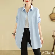【ACheter】 大碼棉麻感寬鬆顯瘦純色長袖可攀中袖長版襯衫外罩上衣# 120875 L 藍色