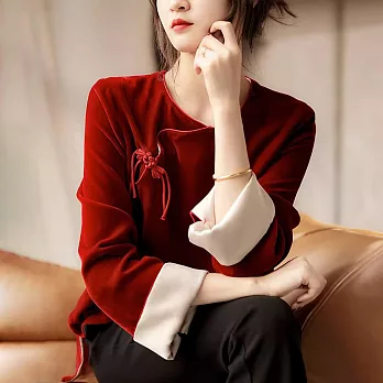 【初色】中國風復古絲絨盤扣小衫T恤上衣女上衣-紅色-32764(M-2XL可選) M 紅色