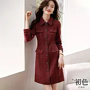 【初色】翻領單排扣小香風收腰顯瘦長袖格紋連身裙洋裝-紅色-32834(M-2XL可選) XL 紅色
