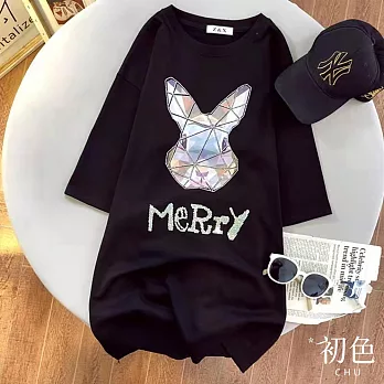 【初色】純色燙鑽兔子印花寬鬆休閒百搭圓領五分袖T恤上衣-共2色-32846(M-2XL可選) M 黑色