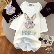 【初色】純色燙鑽兔子印花寬鬆休閒百搭圓領五分袖T恤上衣-共2色-32846(M-2XL可選) XL 白色