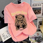 【初色】可愛卡通小熊印花圖案寬鬆中大尺碼圓領短袖T恤上衣女上衣-共10色-32849(M-2XL可選) M 粉紅色